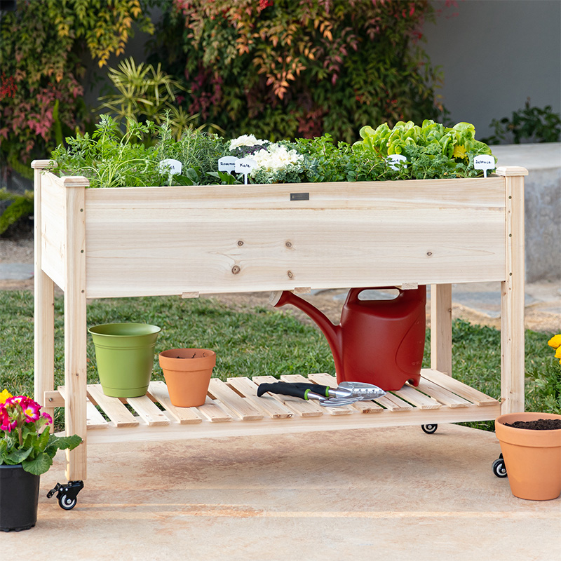 Raised Garden Bed 48x24x32in Mobile Elevated Wood Planter w/ Lockable Wheels, Storage Shelf, Liner