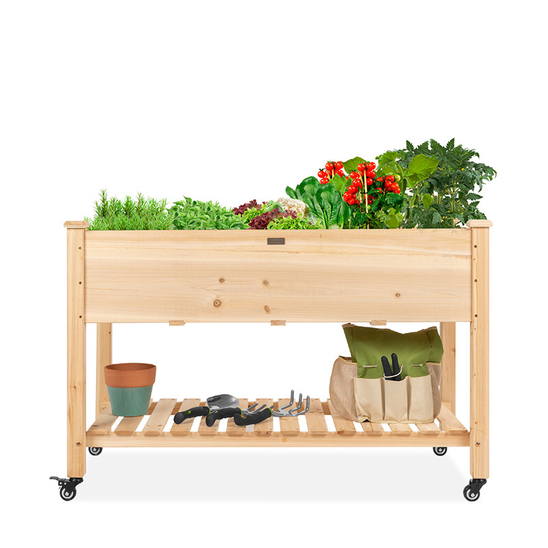 Raised Garden Bed 48x24x32in Mobile Elevated Wood Planter w/ Lockable Wheels, Storage Shelf, Liner