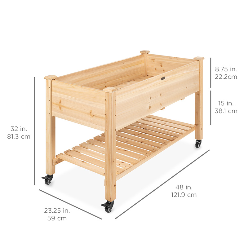 Raised Garden Bed 48x24x32in Mobile Elevated Wood Planter w/ Lockable Wheels, Storage Shelf, Liner