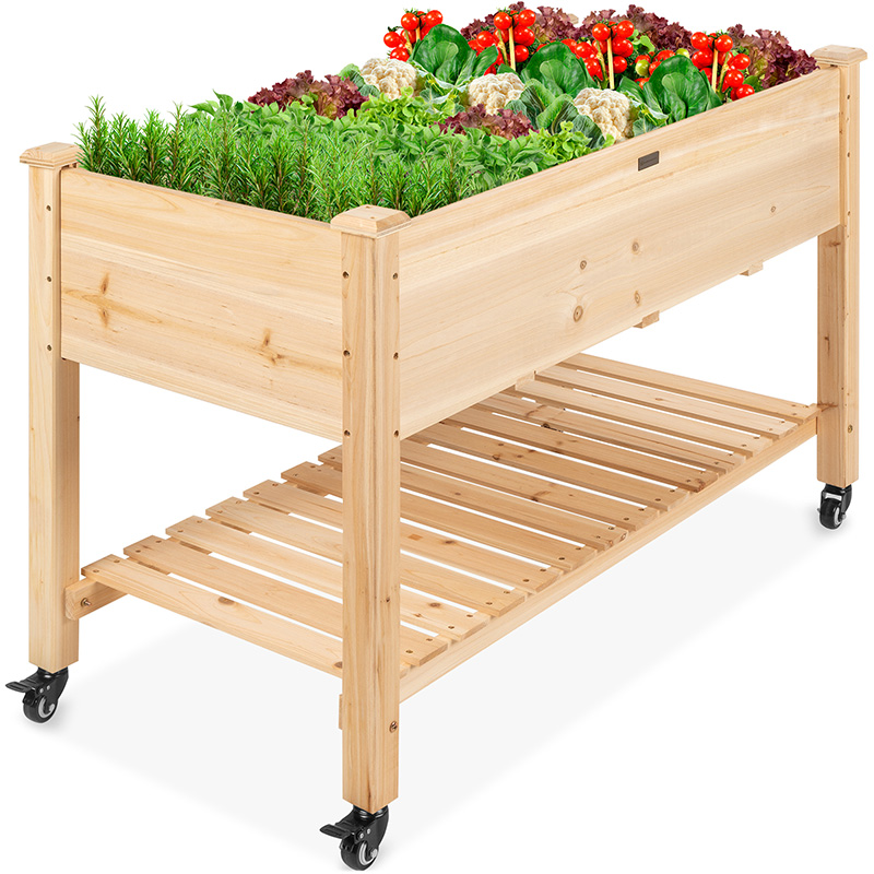 Raised Garden Bed 48x24x32in Mobile Elevated Wood Planter w/ Lockable Wheels, Storage Shelf, Liner