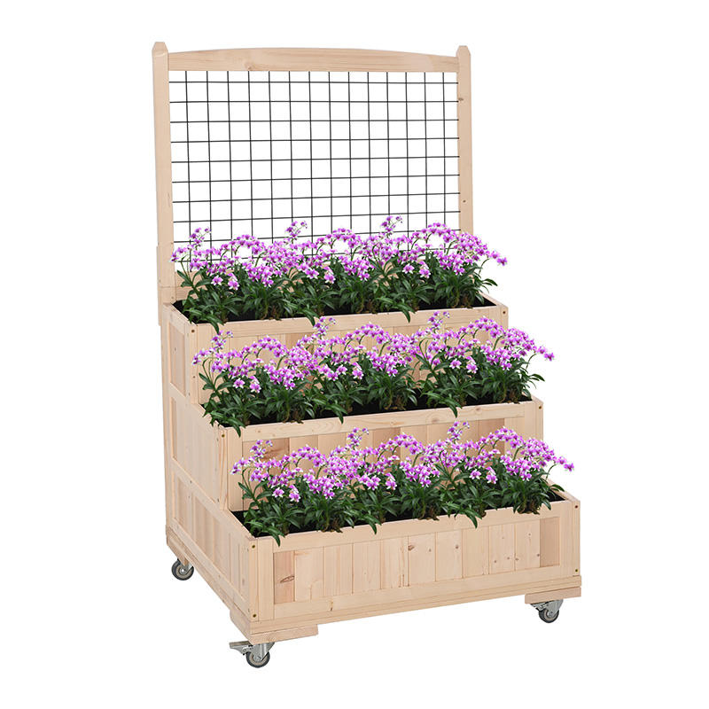 3-Tiers Wooden Raised Garden Bed with Wheels, Trellis, Back Storage Area, Easy Movable for Flowers, Herbs, Natural