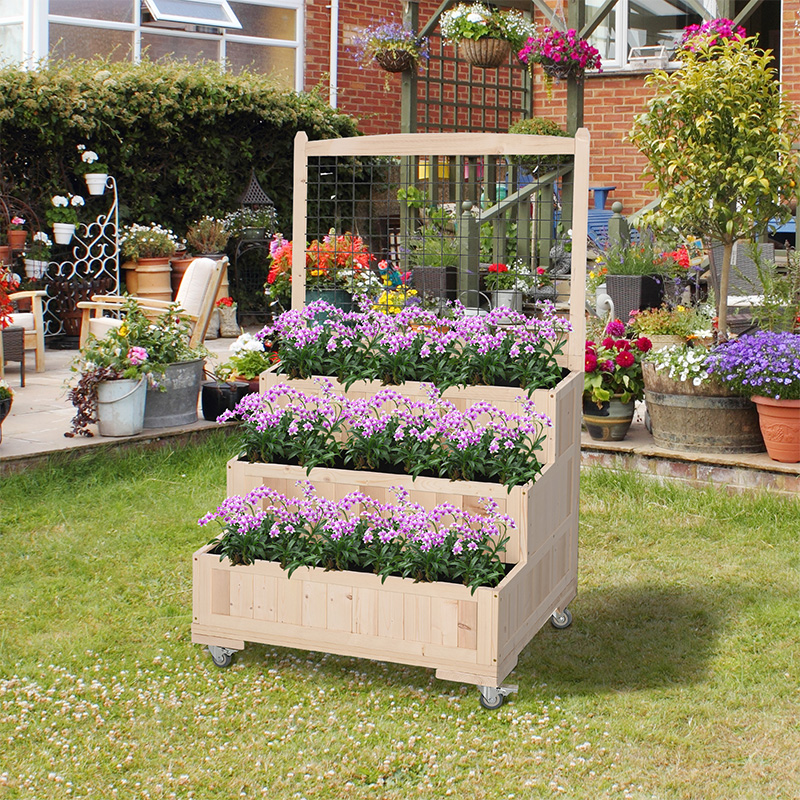 3-Tiers Wooden Raised Garden Bed with Wheels, Trellis, Back Storage Area, Easy Movable for Flowers, Herbs, Natural