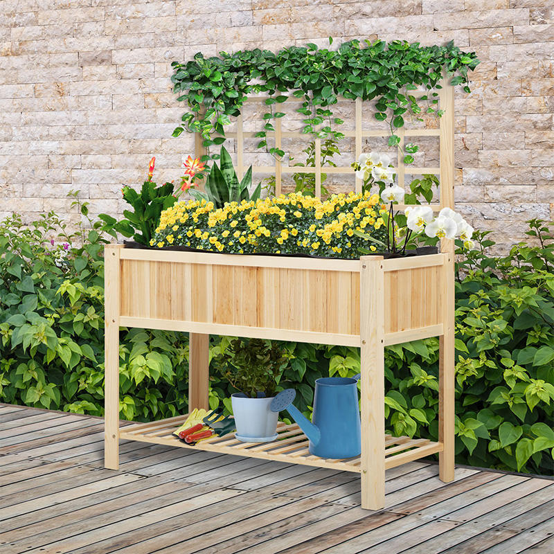 47'' Wooden Raised Garden Bed with Trellis, Coutryside Style Elevated Planter Box Stand with Open Storage Shelf, Spacious Planting Area for Vegetables, Herbs, Flowers