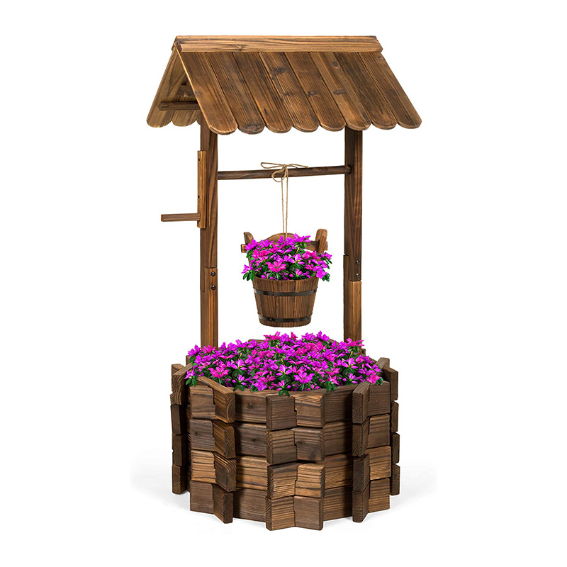 Rustic Wooden Wishing Well Planter Outdoor Home Decor for Patio, Garden, Yard w/ Hanging Bucket