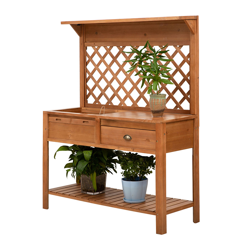 Garden Potting Bench, Outdoor Wooden Workstation Table w/ Metal Screen, Drawer, Hooks, Storage Shelf, and Lattice Back for Patio, Backyard and Porch
