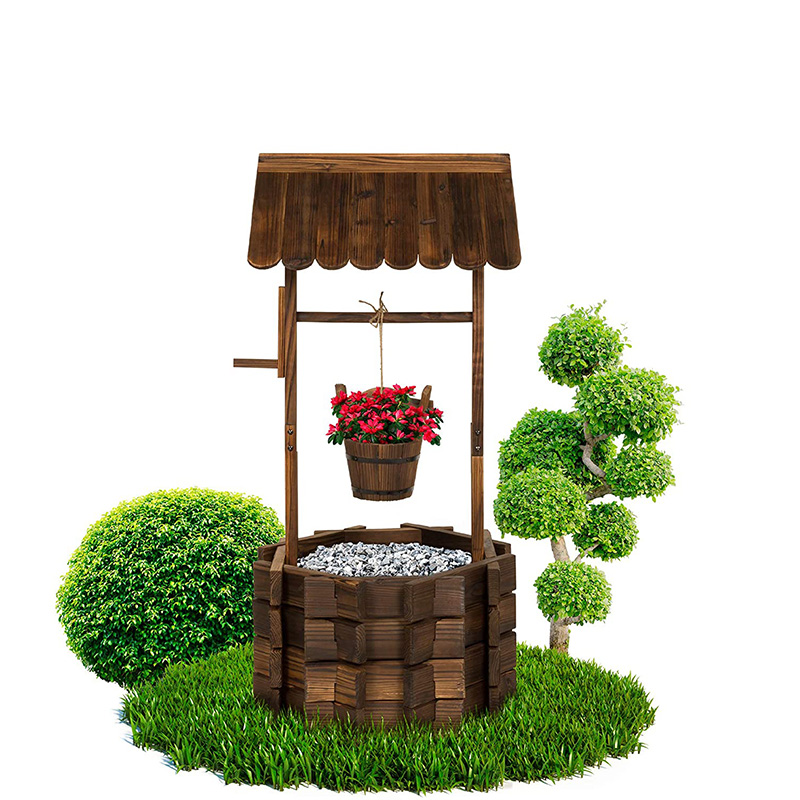 Rustic Wooden Wishing Well Planter Outdoor Home Decor for Patio, Garden, Yard w/ Hanging Bucket