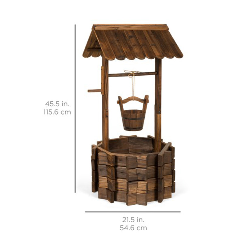 Rustic Wooden Wishing Well Planter Outdoor Home Decor for Patio, Garden, Yard w/ Hanging Bucket