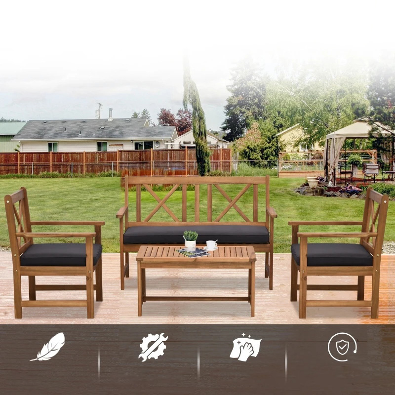 4 Piece Acacia Wood Outdoor Patio Furniture Set with 2 Armchairs, 1 Sofa, & 1 Coffee Table, Cushions Included