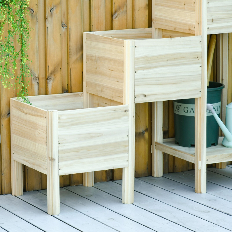 3 Tier Raised Garden Bed w/ Storage Shelf, Elevated Wooden Planter Box Kit