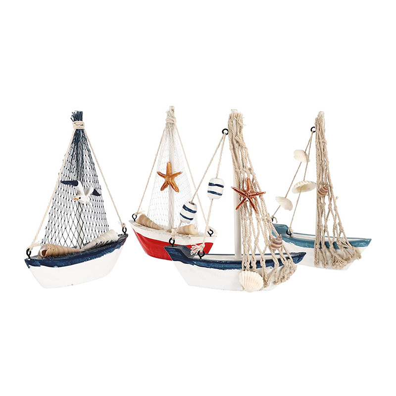 Nautical Wooden Sailboat Model Beach Decor Handpainted Vintage Wood Sailing Boat Beach Art Ornament Kitchen Bathroom Office Party Centrepiece Decoration (Set of 4)