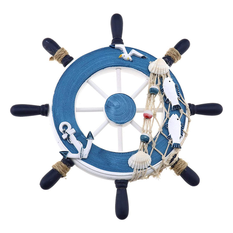 Nautical Wooden Boat Ship Steering Wheel/Handcrafted Wooden Ship Wheel Pirate Decor Wall and Door Hanging Ornament Plaque (White Fish)
