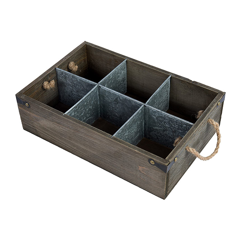 Vintage Wood Storage Organizer Caddy with 6 Compartments, Decorative Crate with Galvanized Zinc Metal Dividers and Handle