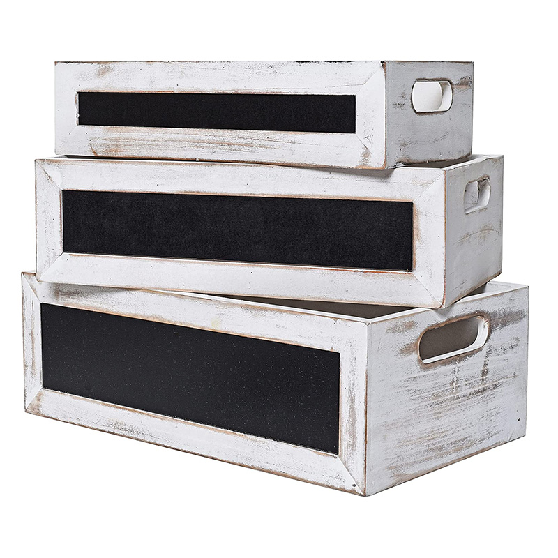 Rustic Wood Nesting Crates with Chalkboard Front Panel and Cutout Handles, Decorative Nesting Wood Box for Storage, Organization and Display, Set of 3, Different Size