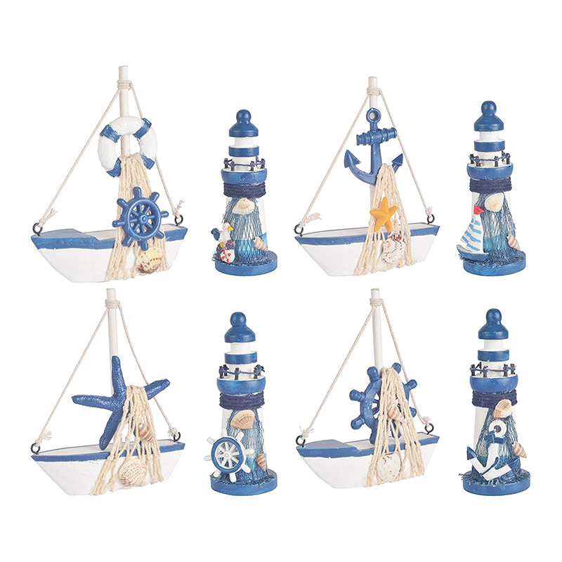 Nautical Wooden Sailboat Model Beach Decor Handpainted Vintage Wood Sailing Boat Beach Art Ornament Kitchen Bathroom Office Party Centrepiece Decoration (Set of 4)