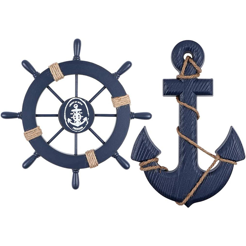 Nautical Wooden Boat Ship Steering Wheel/Handcrafted Wooden Ship Wheel Pirate Decor Wall and Door Hanging Ornament Plaque (White Fish)