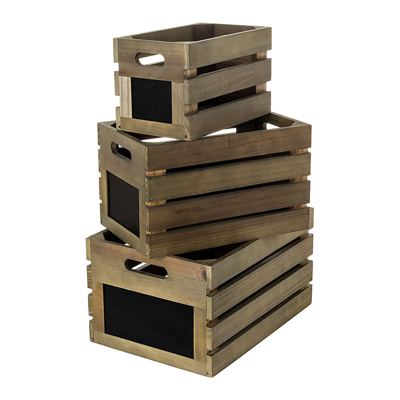 Rustic Wood Nesting Crates with Chalkboard Front Panel and Cutout Handles, Decorative Nesting Wood Box for Storage, Organization and Display, Set of 3, Different Size