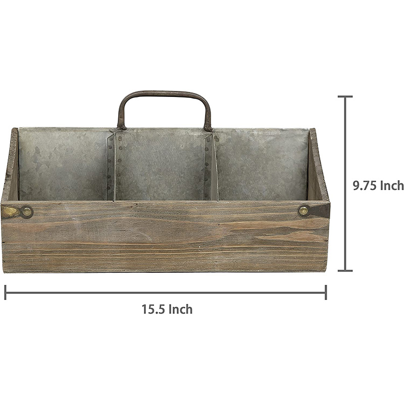 Vintage Wood Storage Organizer Caddy with 6 Compartments, Decorative Crate with Galvanized Zinc Metal Dividers and Handle