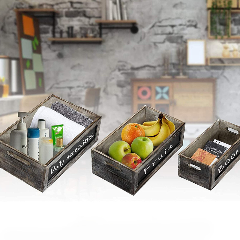 Rustic Wood Nesting Crates with Chalkboard Front Panel and Cutout Handles, Decorative Nesting Wood Box for Storage, Organization and Display, Set of 3, Different Size