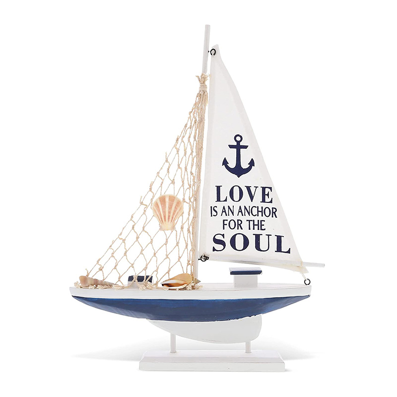 Nautical Wooden Sailboat Model Beach Decor Handpainted Vintage Wood Sailing Boat Beach Art Ornament Kitchen Bathroom Office Party Centrepiece Decoration (Set of 4)