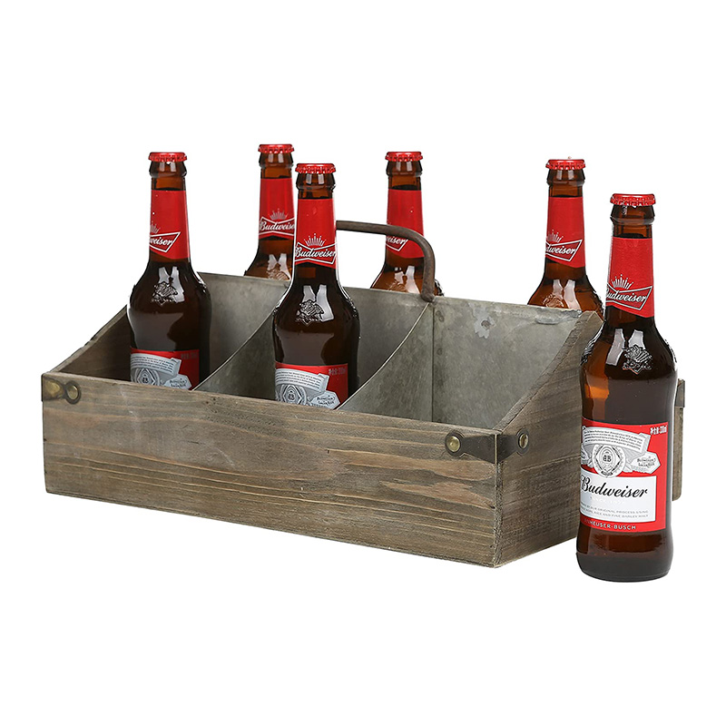 Vintage Wood Storage Organizer Caddy with 6 Compartments, Decorative Crate with Galvanized Zinc Metal Dividers and Handle