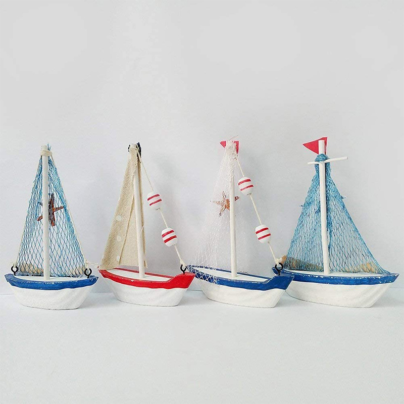 Nautical Wooden Sailboat Model Beach Decor Handpainted Vintage Wood Sailing Boat Beach Art Ornament Kitchen Bathroom Office Party Centrepiece Decoration (Set of 4)