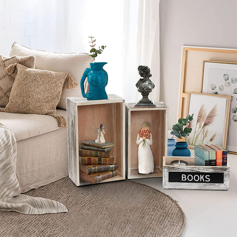 Rustic Wood Nesting Crates with Chalkboard Front Panel and Cutout Handles, Decorative Nesting Wood Box for Storage, Organization and Display, Set of 3, Different Size