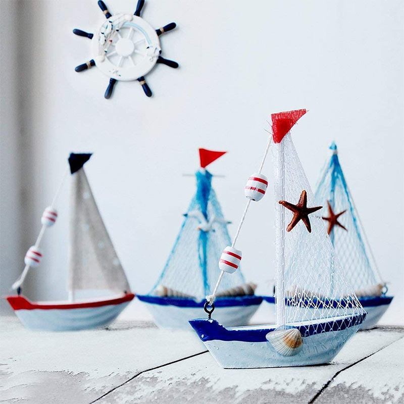 Nautical Wooden Sailboat Model Beach Decor Handpainted Vintage Wood Sailing Boat Beach Art Ornament Kitchen Bathroom Office Party Centrepiece Decoration (Set of 4)