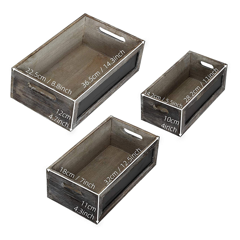 Rustic Wood Nesting Crates with Chalkboard Front Panel and Cutout Handles, Decorative Nesting Wood Box for Storage, Organization and Display, Set of 3, Different Size