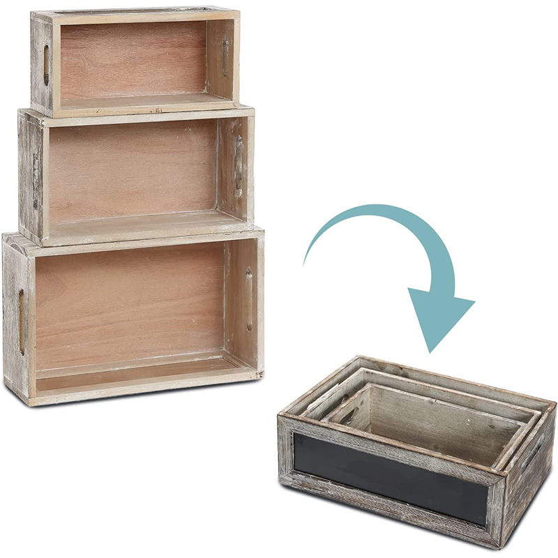 Rustic Wood Nesting Crates with Chalkboard Front Panel and Cutout Handles, Decorative Nesting Wood Box for Storage, Organization and Display, Set of 3, Different Size