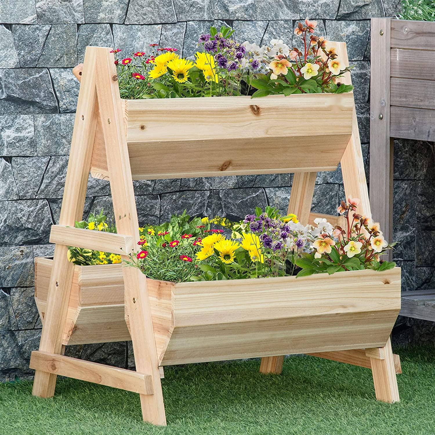 Garden Bed A-shaped Wooden Planter Box with Nonwoven Fabric for Backyard