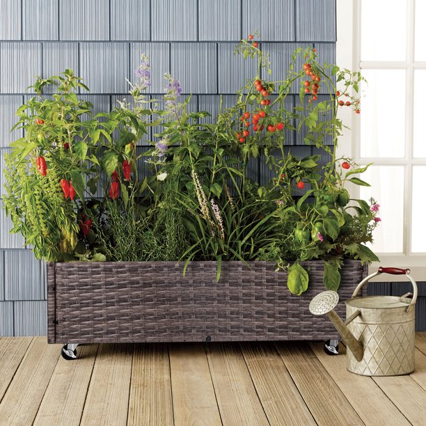 Indoor/Outdoor Rattan Flower Planter Box with Tool Storage Rack Below and Sturdy Elevated Work Area 28' H