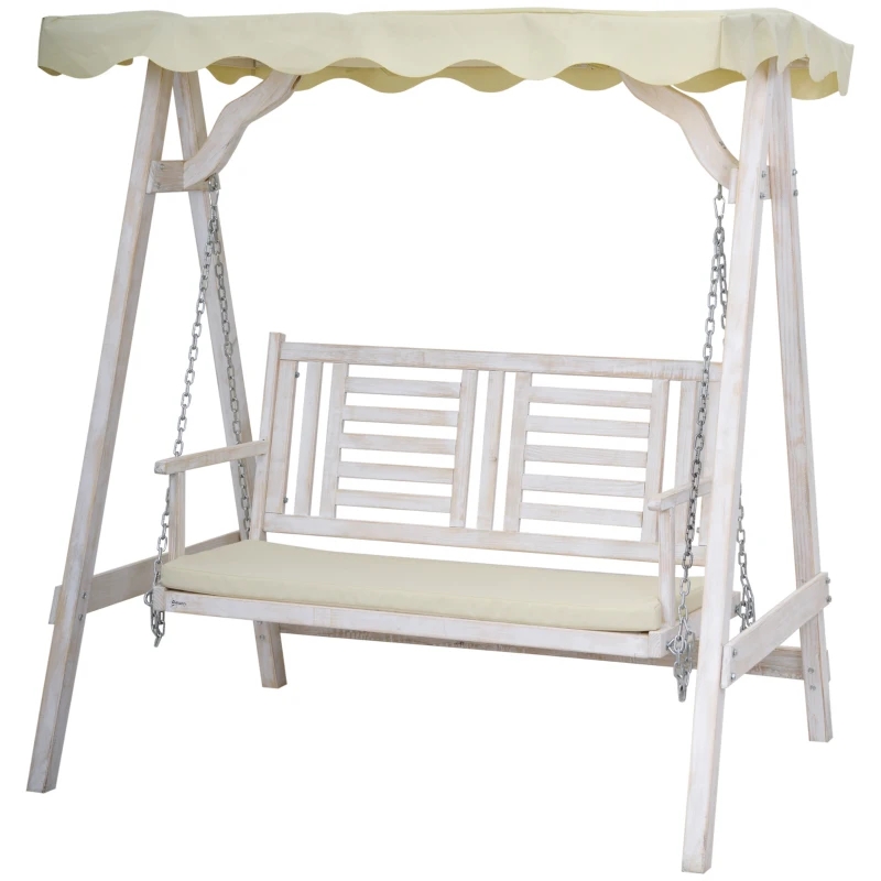 2-Person Outdoor Swing Porch Swing with Wooden Stand, Strong A-Frame Design, & Adjustable Water-Fighting Canopy