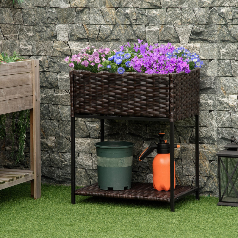 Indoor/Outdoor Rattan Flower Planter Box with Tool Storage Rack Below and Sturdy Elevated Work Area 28' H