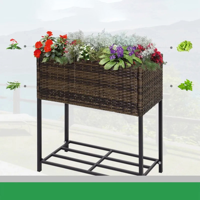 Indoor/Outdoor Rattan Flower Planter Box with Tool Storage Rack Below and Sturdy Elevated Work Area 28' H