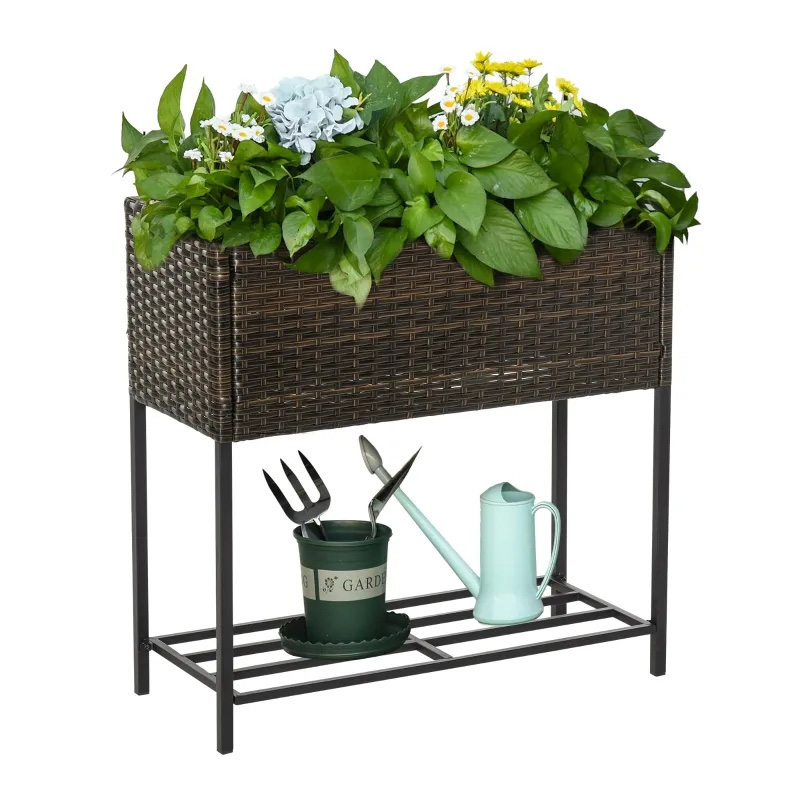 Indoor/Outdoor Rattan Flower Planter Box with Tool Storage Rack Below and Sturdy Elevated Work Area 28' H