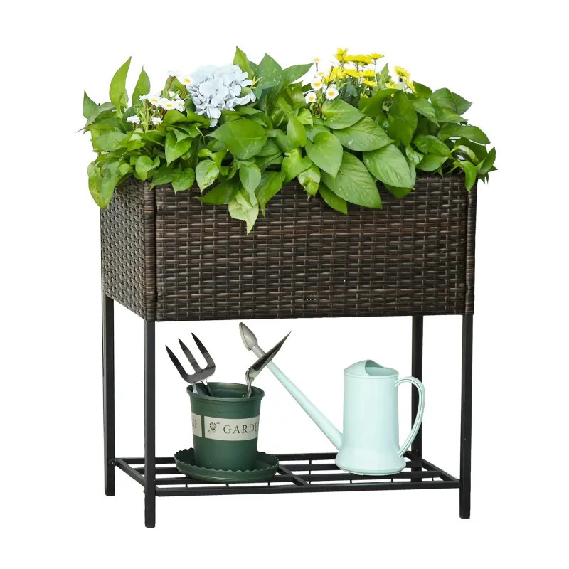 Indoor/Outdoor Rattan Flower Planter Box with Tool Storage Rack Below and Sturdy Elevated Work Area 28' H