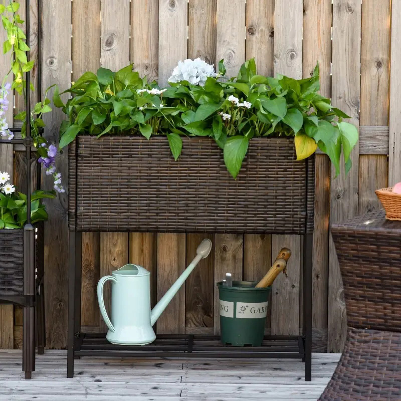 Indoor/Outdoor Rattan Flower Planter Box with Tool Storage Rack Below and Sturdy Elevated Work Area 28' H