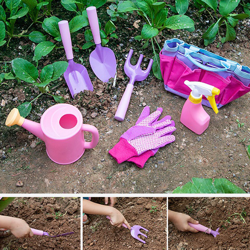 Pink And Purple Garden Tool Set for Girls with Gloves Tool Bag Watering Can
