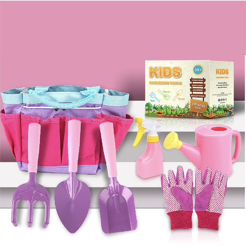 Pink And Purple Garden Tool Set for Girls with Gloves Tool Bag Watering Can