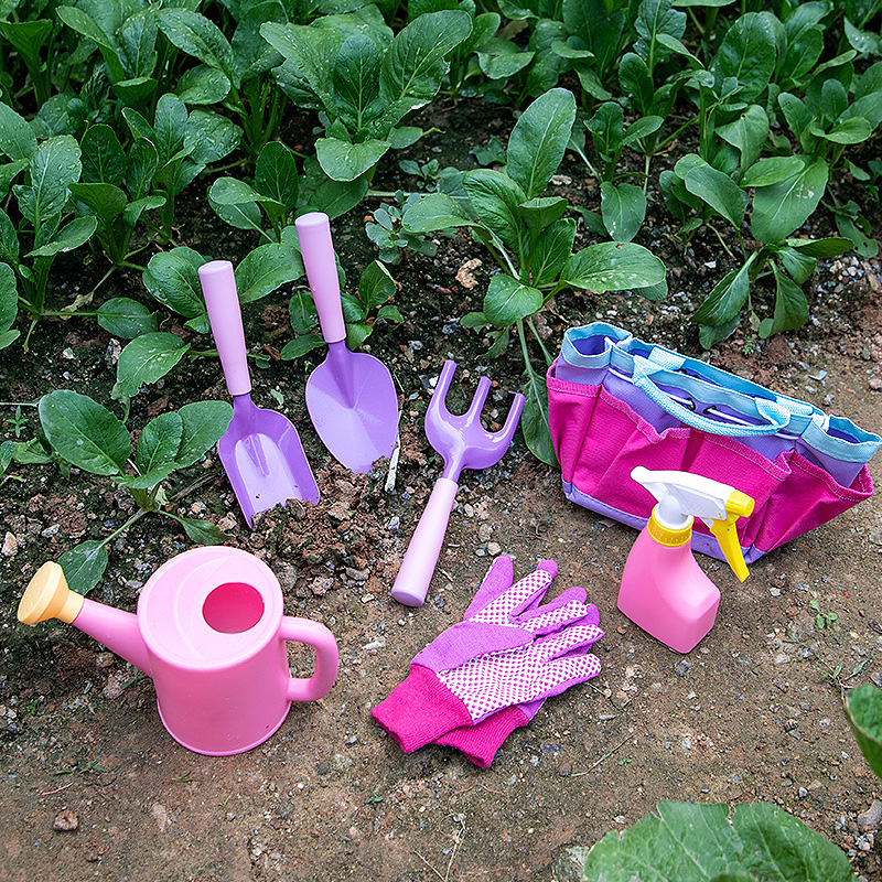 Pink And Purple Garden Tool Set for Girls with Gloves Tool Bag Watering Can